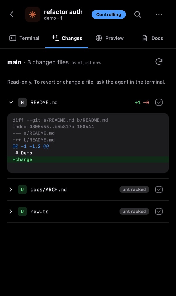 A stream's Changes tab with a git diff